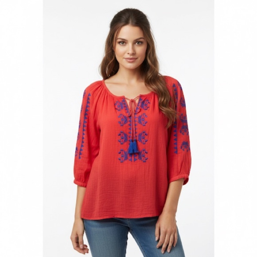 World Market peasant blouse embroidered boho red blue L XL
